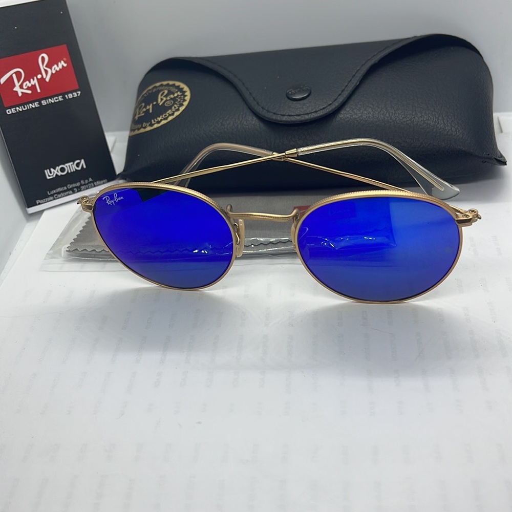 BNWT Rayban Round RB3447 Gold/Blue mirror 50-21-145 - Picture 4 of 9